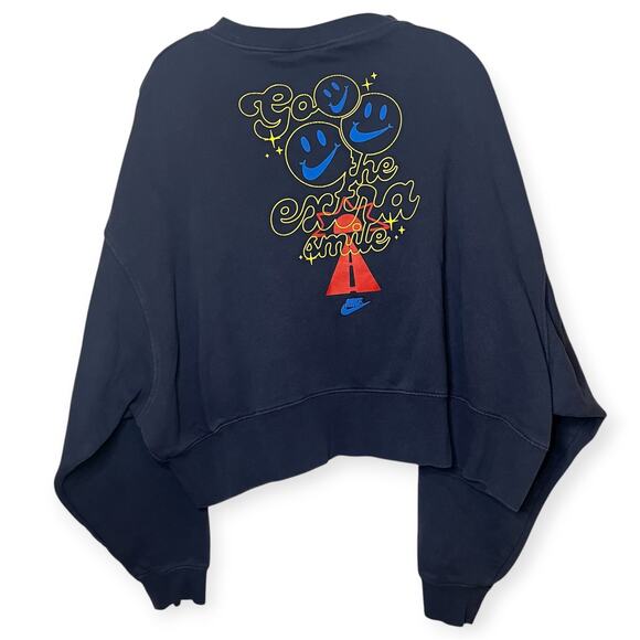 Nike Go the Extra Smile Cropped Crewneck Sweatshirt Navy Smiley Swoosh Graphic S - Picture 5 of 8